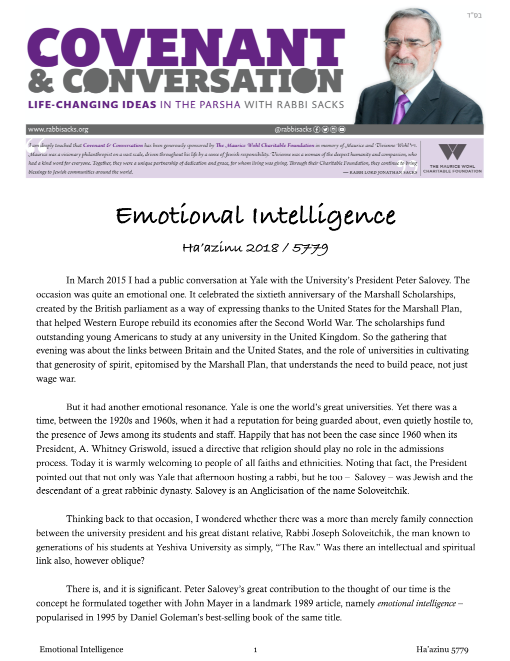 Emotional Intelligence Ha’Azinu 2018 / 5779