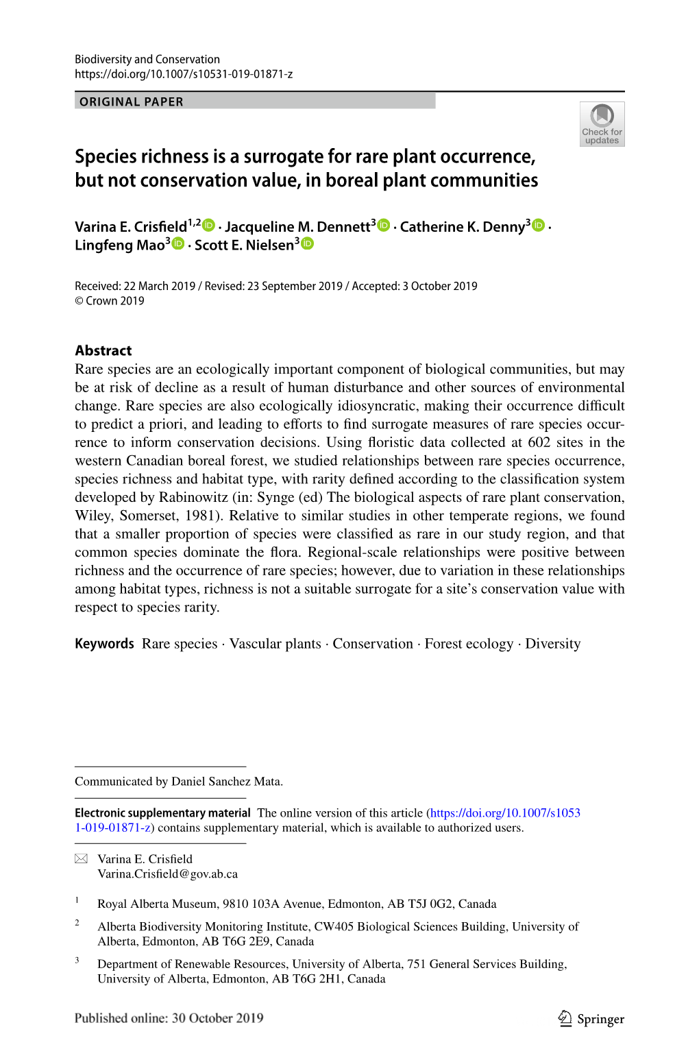 Species Richness Is a Surrogate for Rare Plant Occurrence, but Not Conservation Value, in Boreal Plant Communities