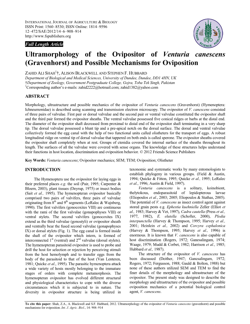 Ultramorphology of the Ovipositor of Venturia Canescens (Gravenhorst) and Possible Mechanisms for Oviposition