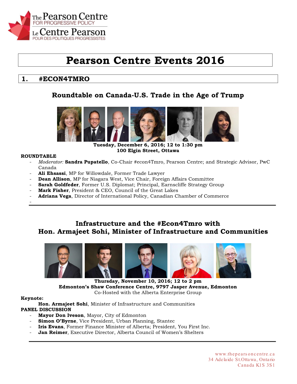 Pearson Centre Events 2016