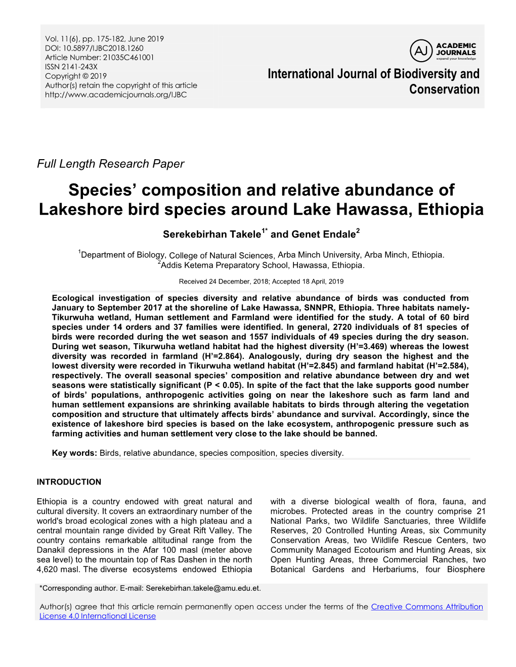 Species' Composition and Relative Abundance of Lakeshore Bird Species Around Lake Hawassa, Ethiopia