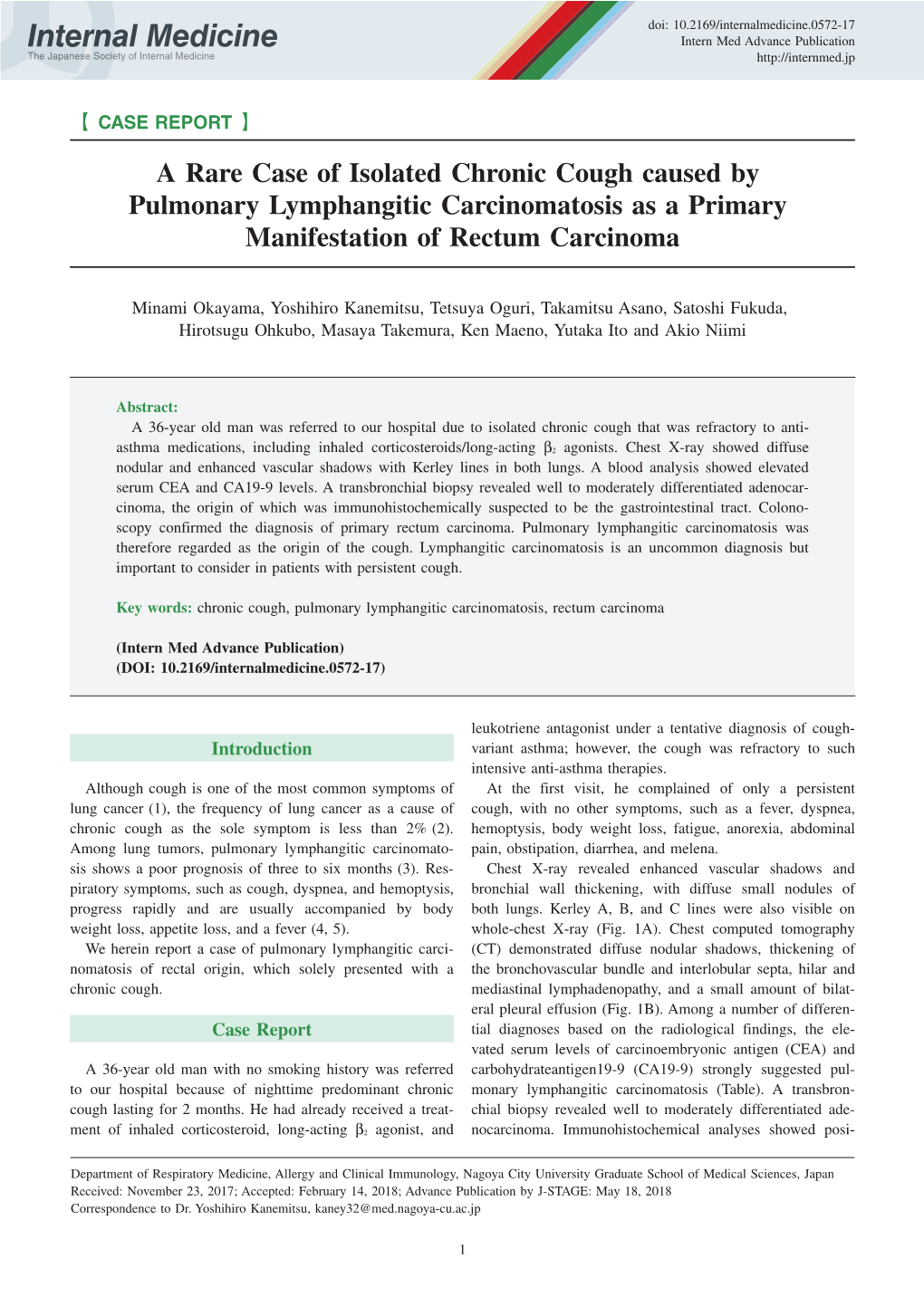 A Rare Case of Isolated Chronic Cough Caused by Pulmonary Lymphangitic Carcinomatosis As a Primary Manifestation of Rectum Carcinoma