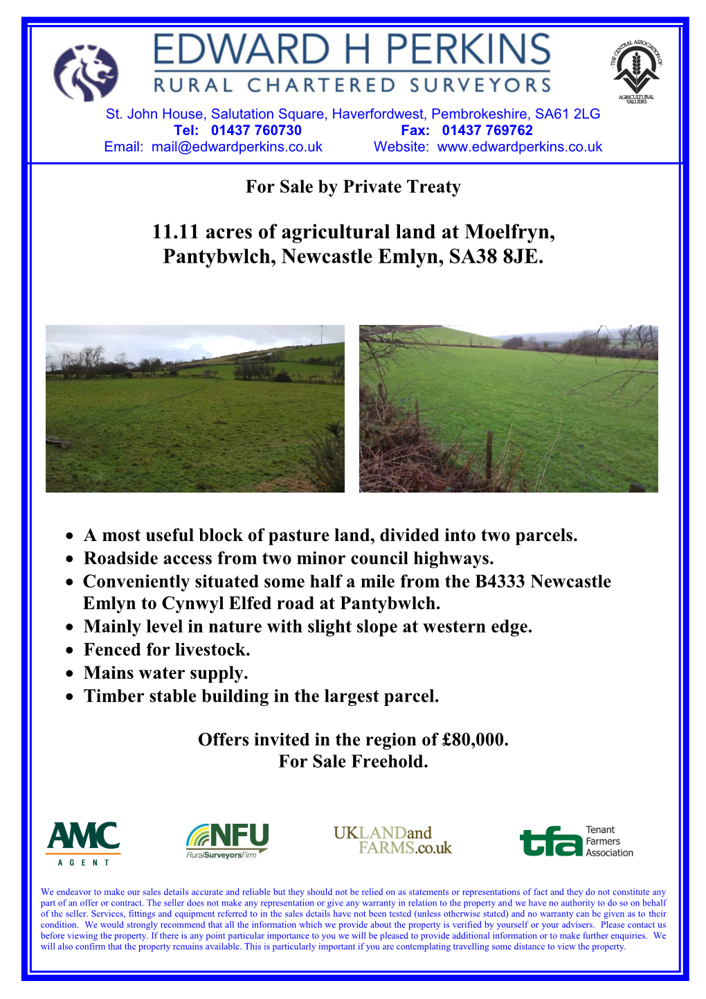 For Sale by Private Treaty 11.11 Acres of Agricultural Land at Moelfryn, Pantybwlch, Newcastle Emlyn, SA38 8JE