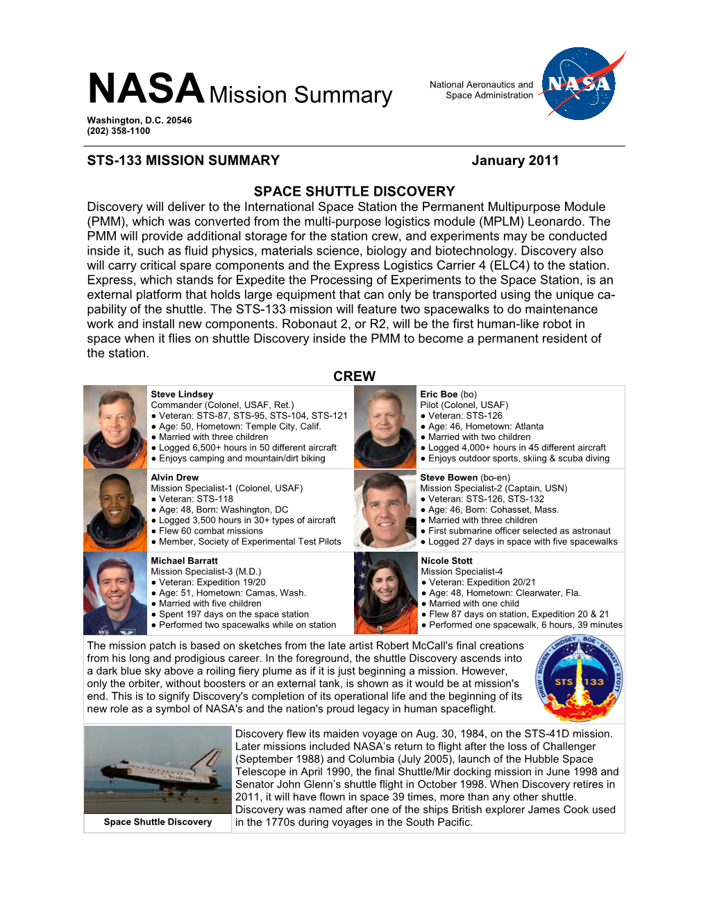 STS-133 MISSION SUMMARY January 2011