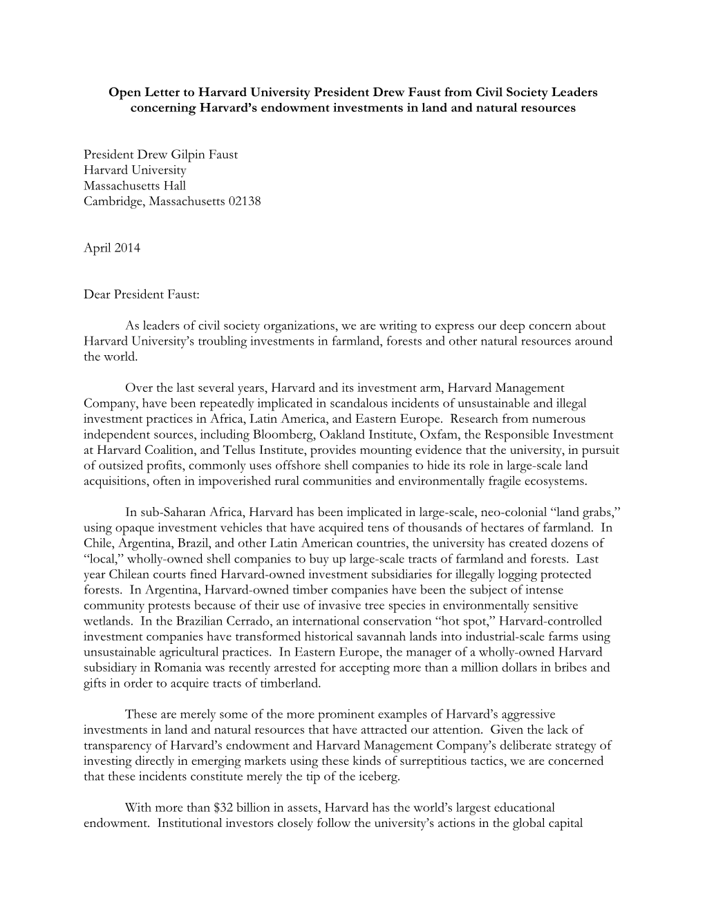 Open Letter to Harvard University President Drew Faust from Civil Society Leaders Concerning Harvard’S Endowment Investments in Land and Natural Resources
