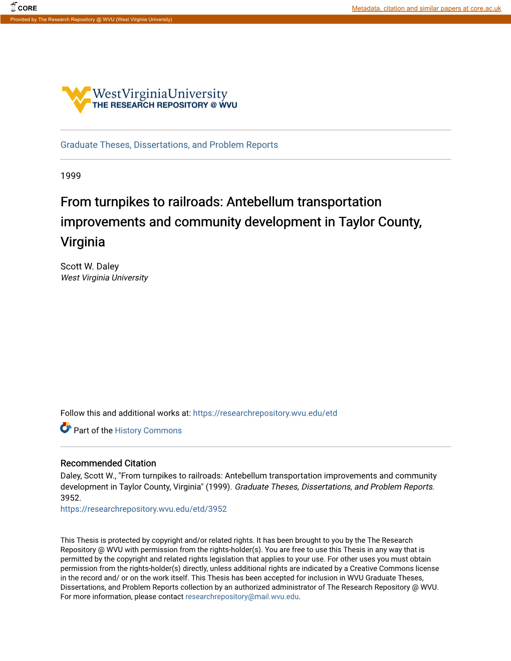 From Turnpikes to Railroads: Antebellum Transportation Improvements and Community Development in Taylor County, Virginia