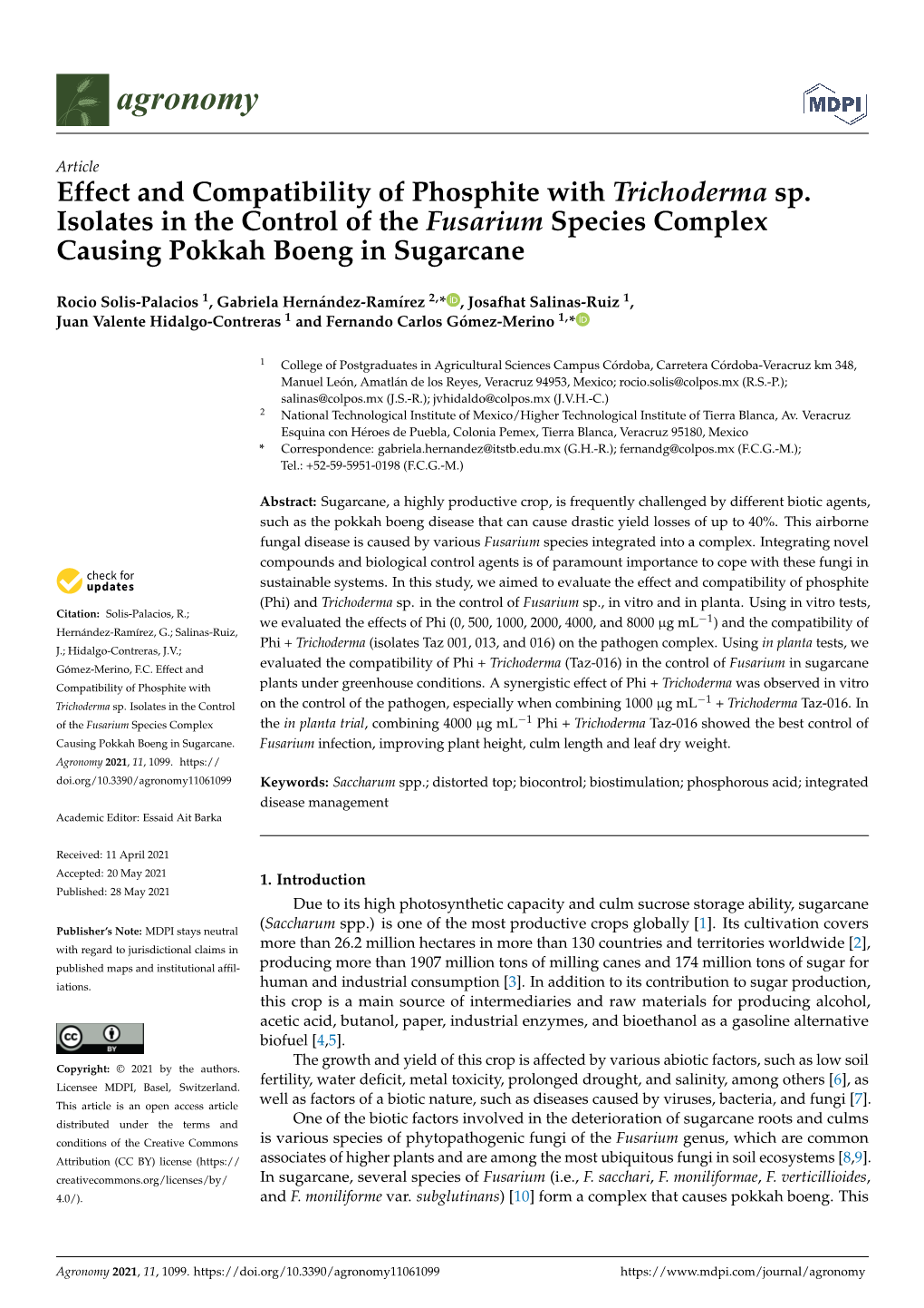 Effect and Compatibility of Phosphite with Trichoderma Sp. Isolates in the Control of the Fusarium Species Complex Causing Pokkah Boeng in Sugarcane