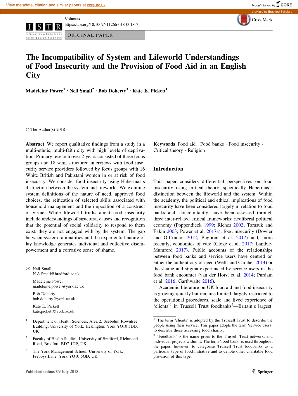 The Incompatibility of System and Lifeworld Understandings of Food Insecurity and the Provision of Food Aid in an English City