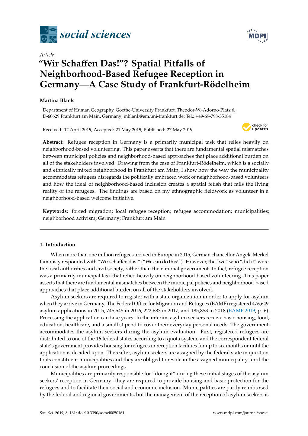 Spatial Pitfalls of Neighborhood-Based Refugee Reception in Germany—A Case Study of Frankfurt-Rödelheim