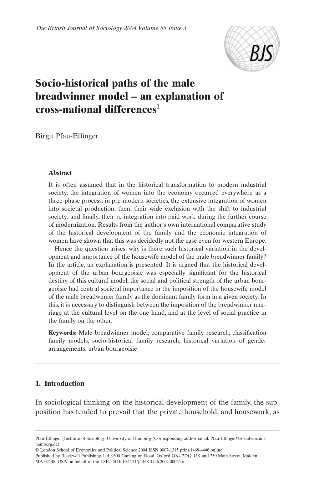 Socio-Historical Paths of the Male Breadwinner Model – an Explanation of Cross-National Differences1