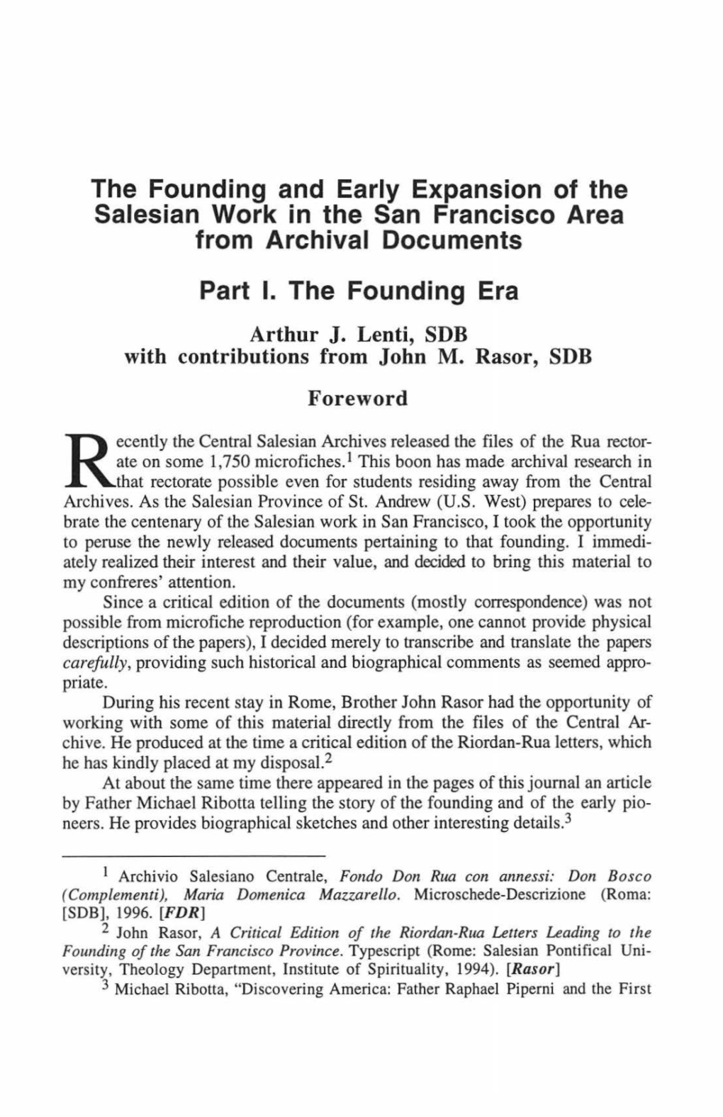 The Founding and Early Expansion of the Salesian Work in the San Francisco Area from Archival Documents Part I