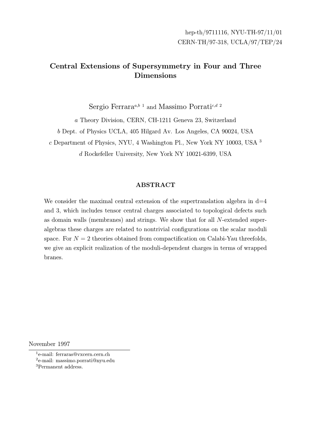 Central Extensions of Supersymmetry in Four and Three Dimensions