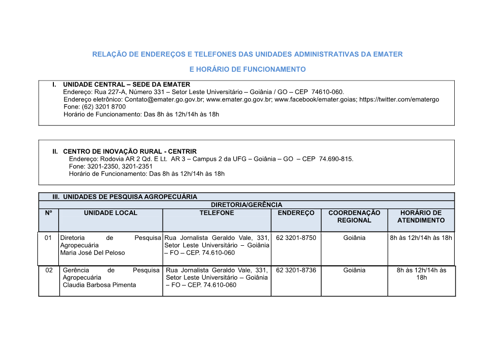 Endereços E Telefones Das Unidades Da EMATER