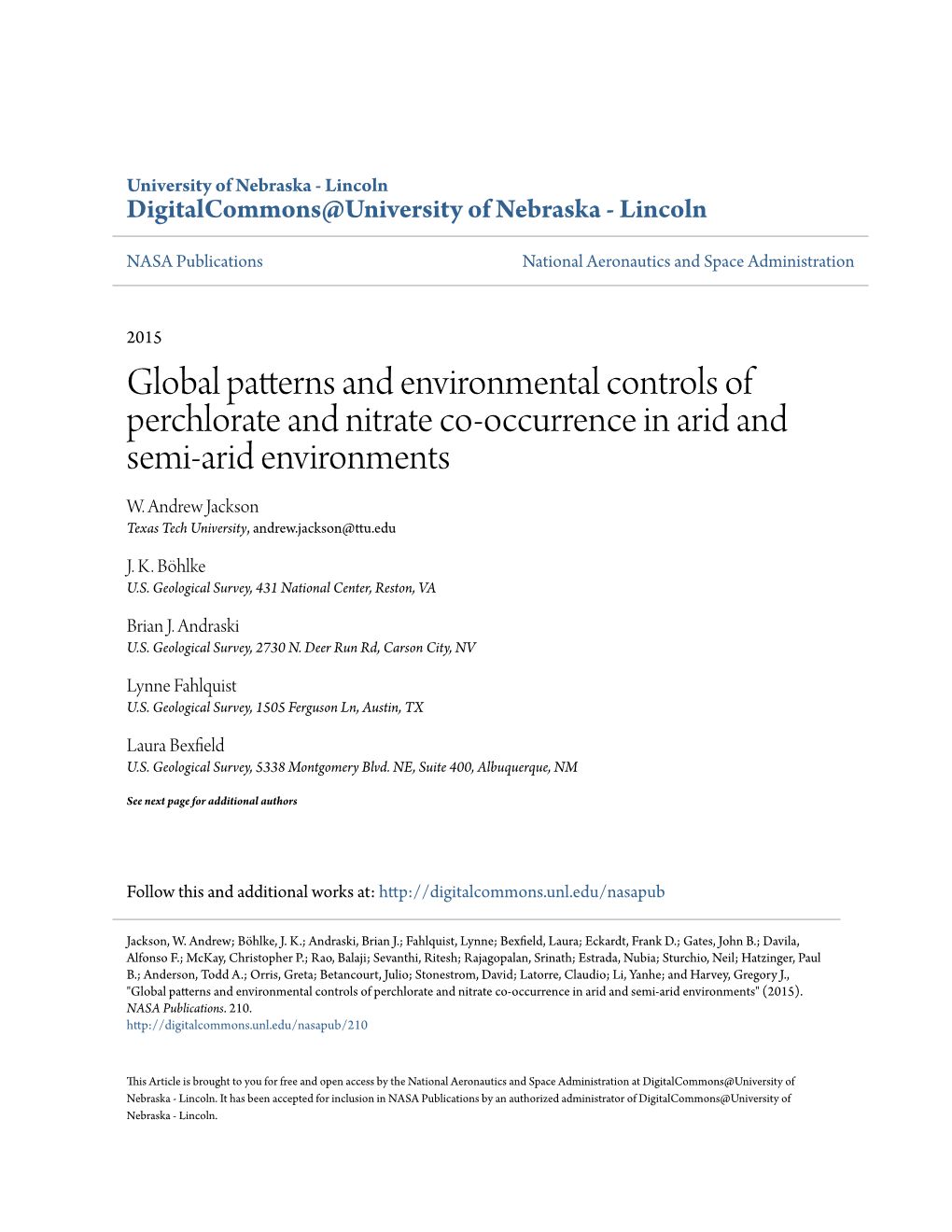 Global Patterns and Environmental Controls of Perchlorate and Nitrate Co-Occurrence in Arid and Semi-Arid Environments W