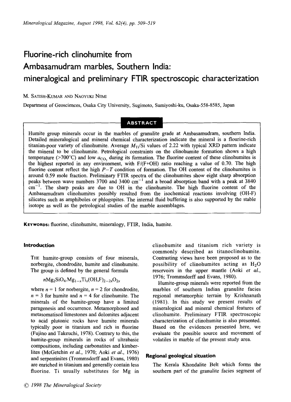 Fluorine-Rich Clinohumite from Ambasamudram Marbles, Southern India: Mineralogical and Preliminary FTIR Spectroscopic Characterization