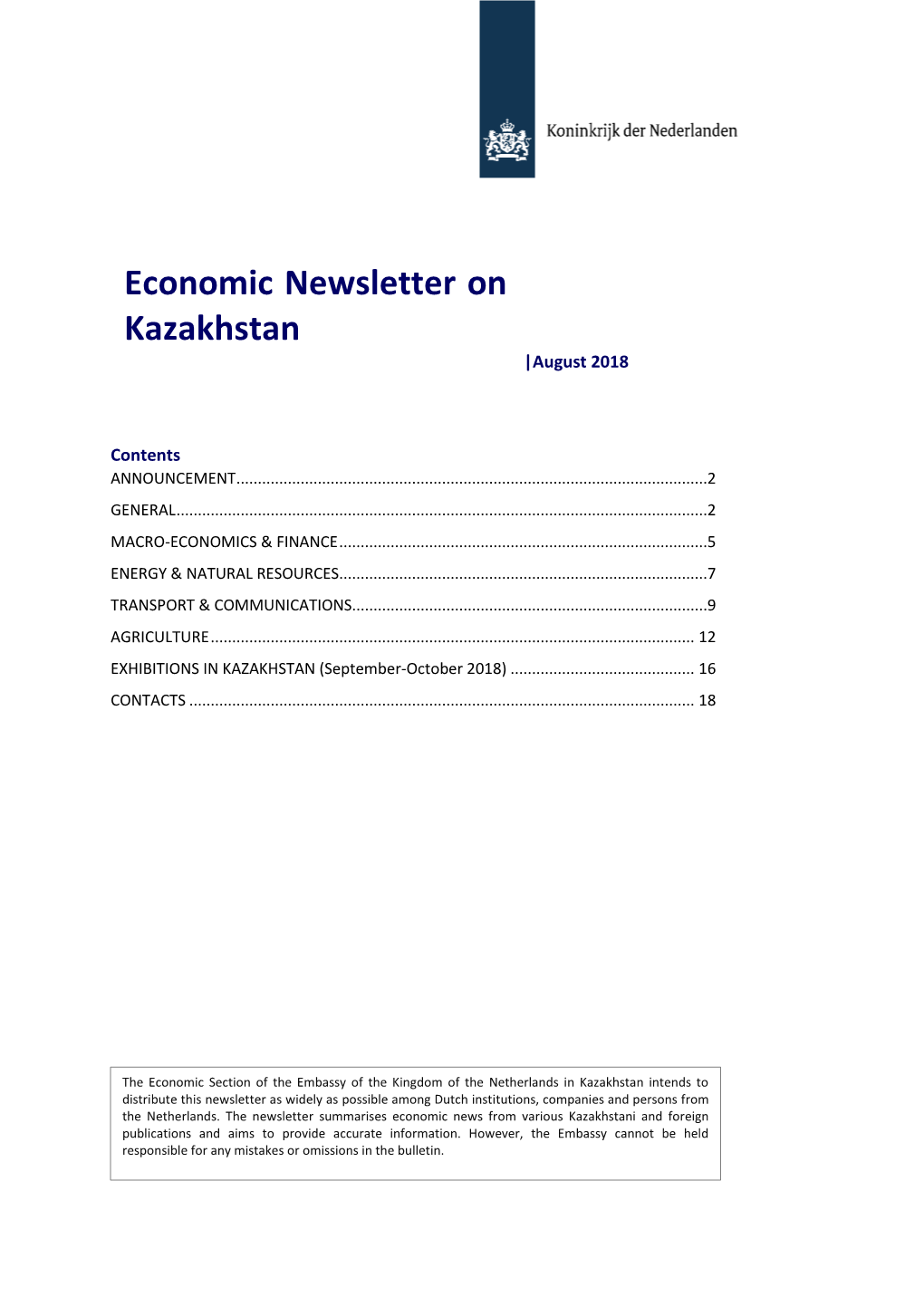Economic Newsletter on Kazakhstan |August 2018