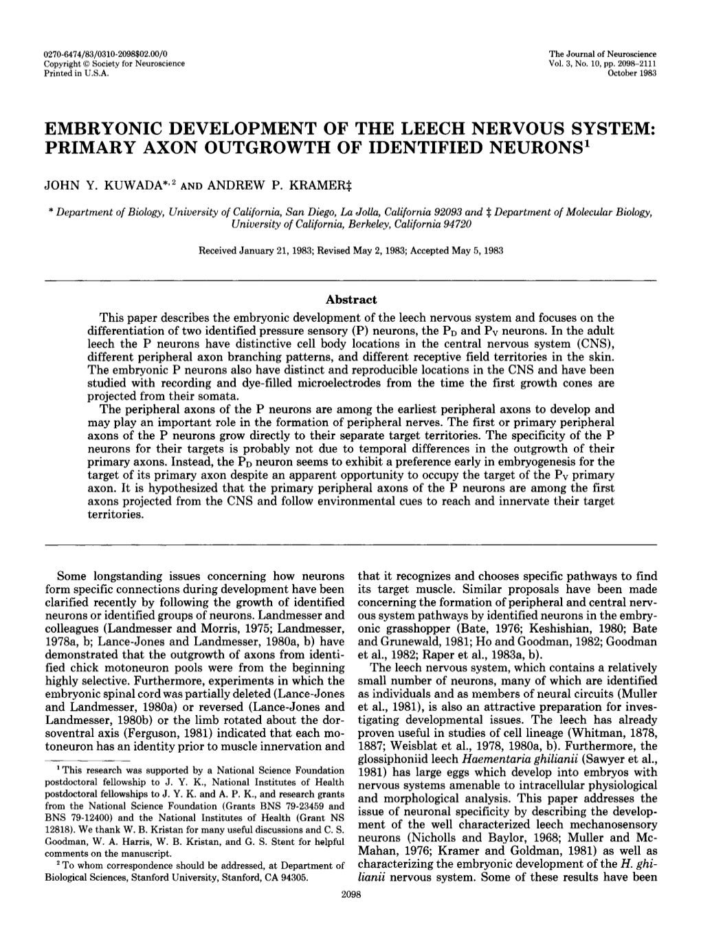 Embryonic Development of the Leech Nervous System: Primary Axon Outgrowth of Identified Neurons’