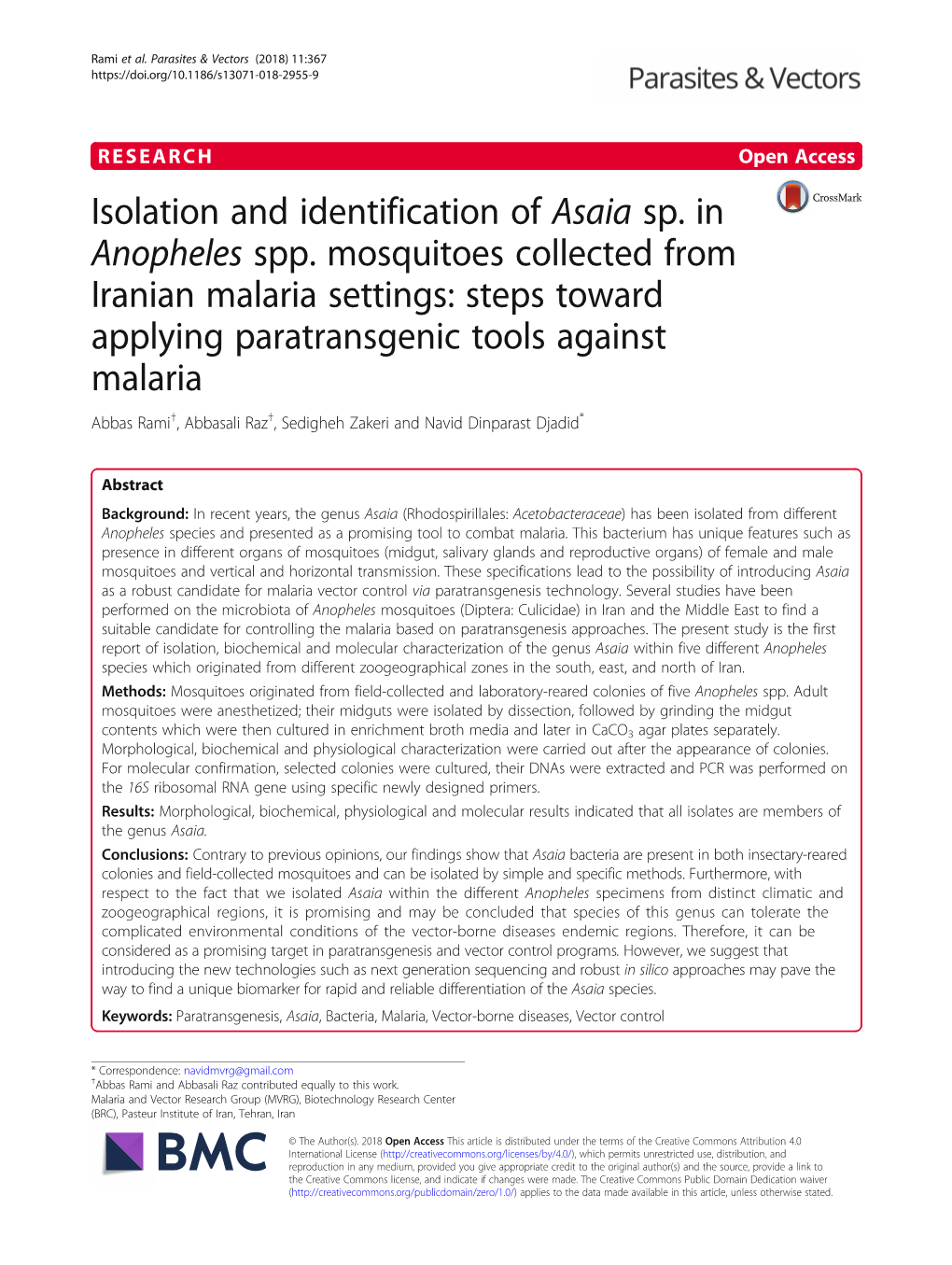 Isolation and Identification of Asaia Sp. in Anopheles Spp. Mosquitoes