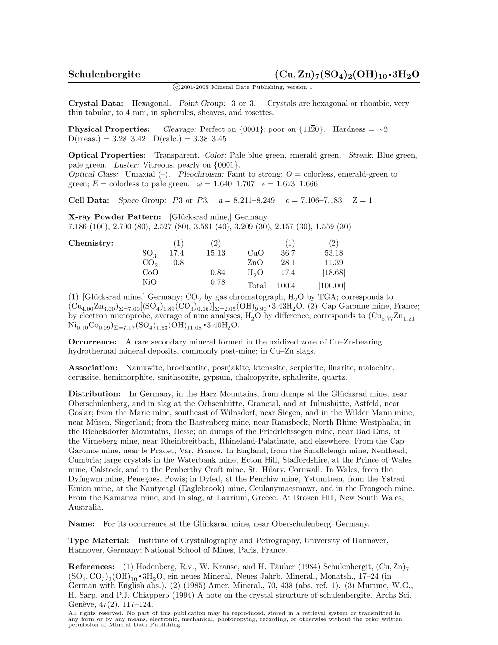 Cu, Zn)7(SO4)2(OH)10 • 3H2O C 2001-2005 Mineral Data Publishing, Version 1