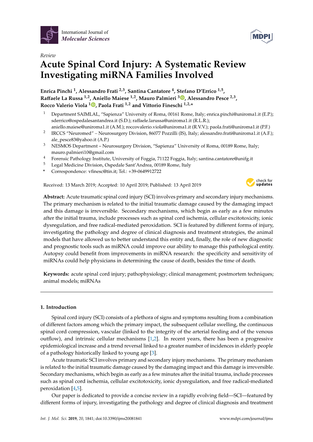 Acute Spinal Cord Injury: a Systematic Review Investigating Mirna Families Involved