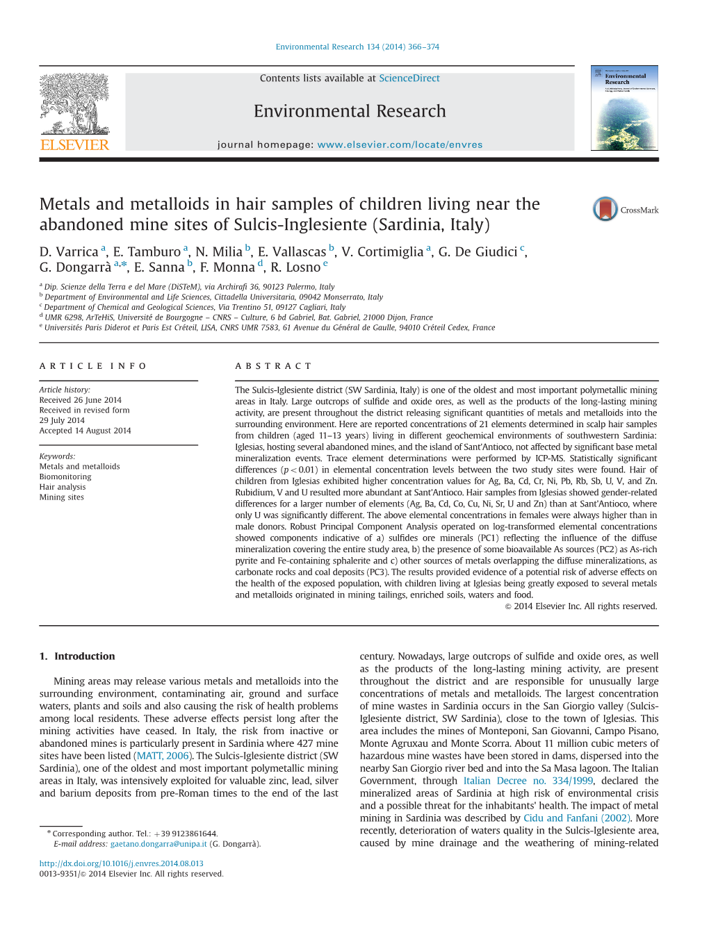 Metals and Metalloids in Hair Samples of Children Living Near the Abandoned Mine Sites of Sulcis-Inglesiente (Sardinia, Italy)