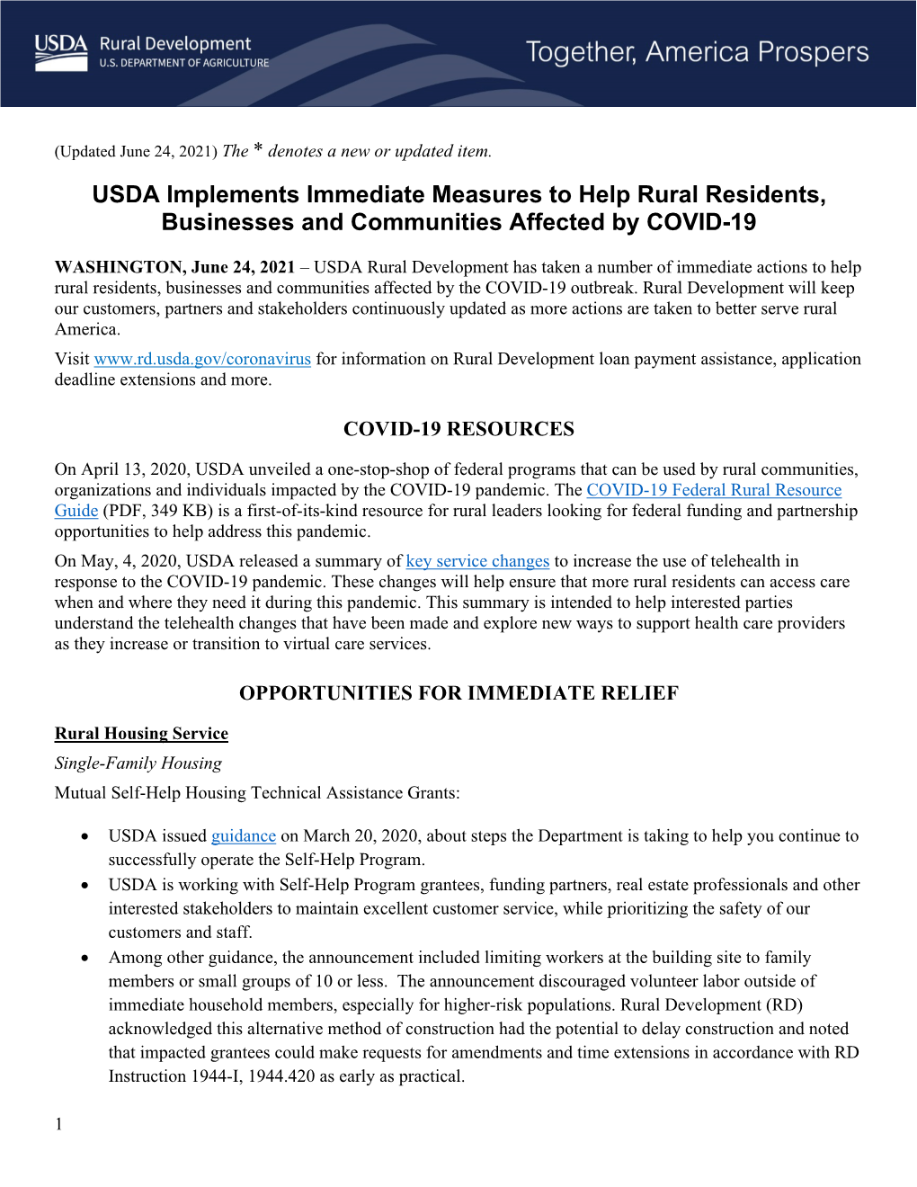 USDA Implements Immediate Measures to Help Rural Residents, Businesses and Communities Affected by COVID-19