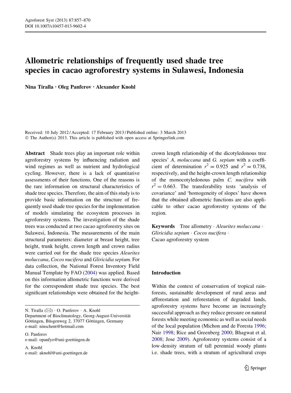 Allometric Relationships of Frequently Used Shade Tree Species in Cacao Agroforestry Systems in Sulawesi, Indonesia