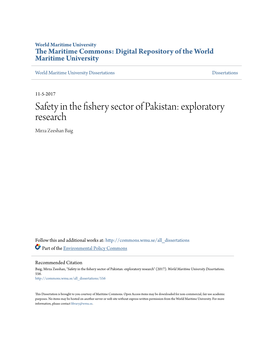 Safety in the Fishery Sector of Pakistan: Exploratory Research Mirza Zeeshan Baig