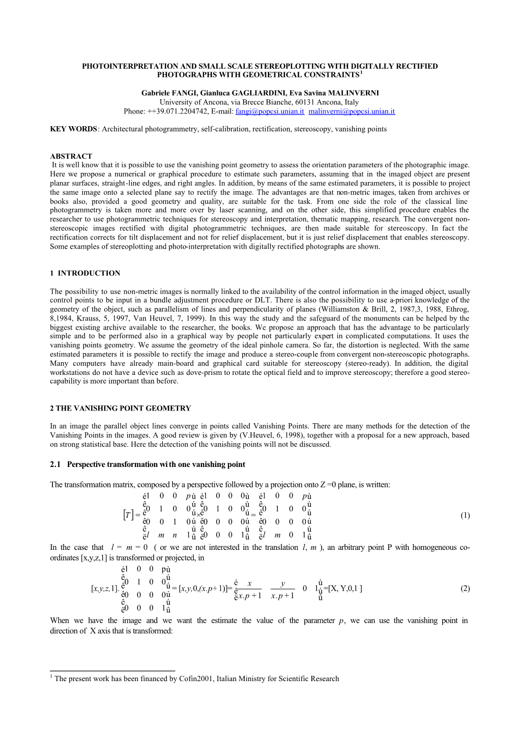 2.1 Perspective Transformation Wi Th One Vanishing Point The