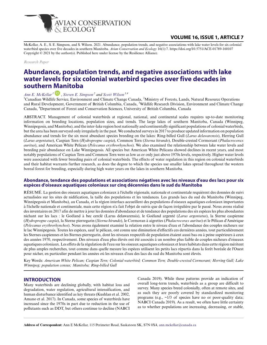 Abundance, Population Trends, and Negative Associations with Lake Water Levels for Six Colonial Waterbird Species Over Five Decades in Southern Manitoba