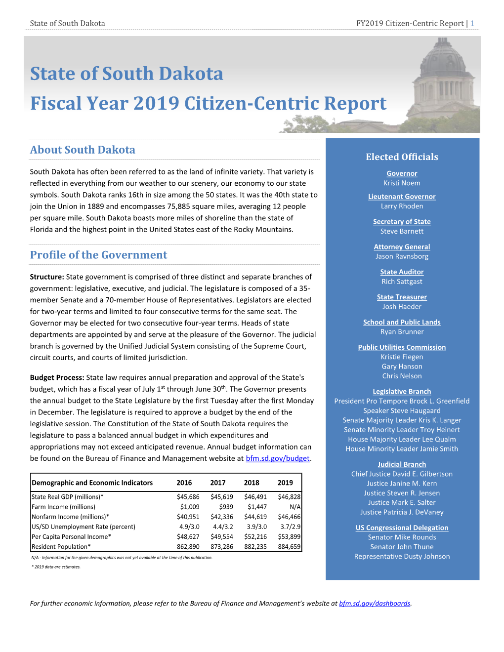 State of South Dakota Fiscal Year 2019 Citizen-Centric Report