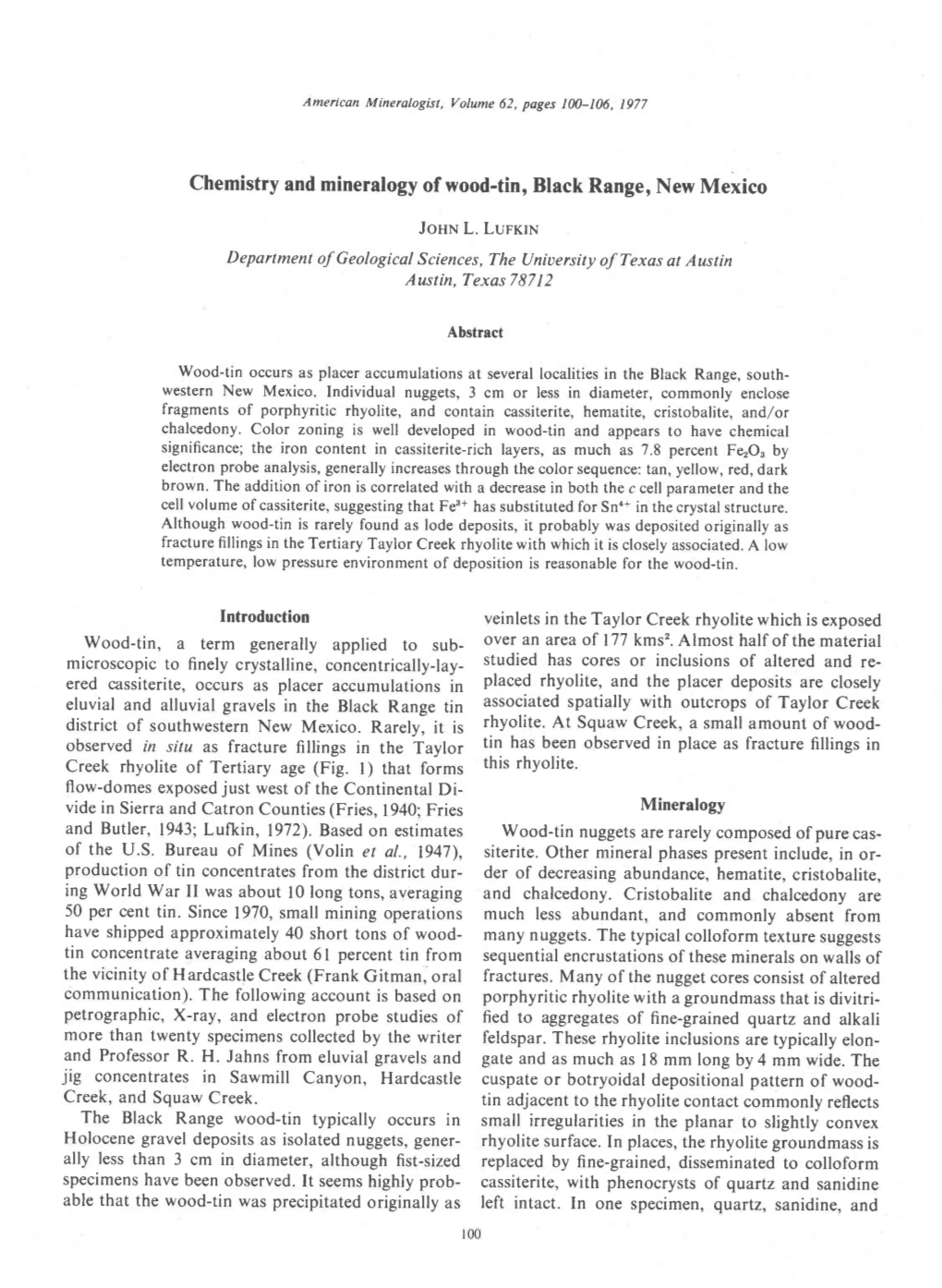 Chemistry and Mineralogy of Wood-Tin, Black Range, New Mexico