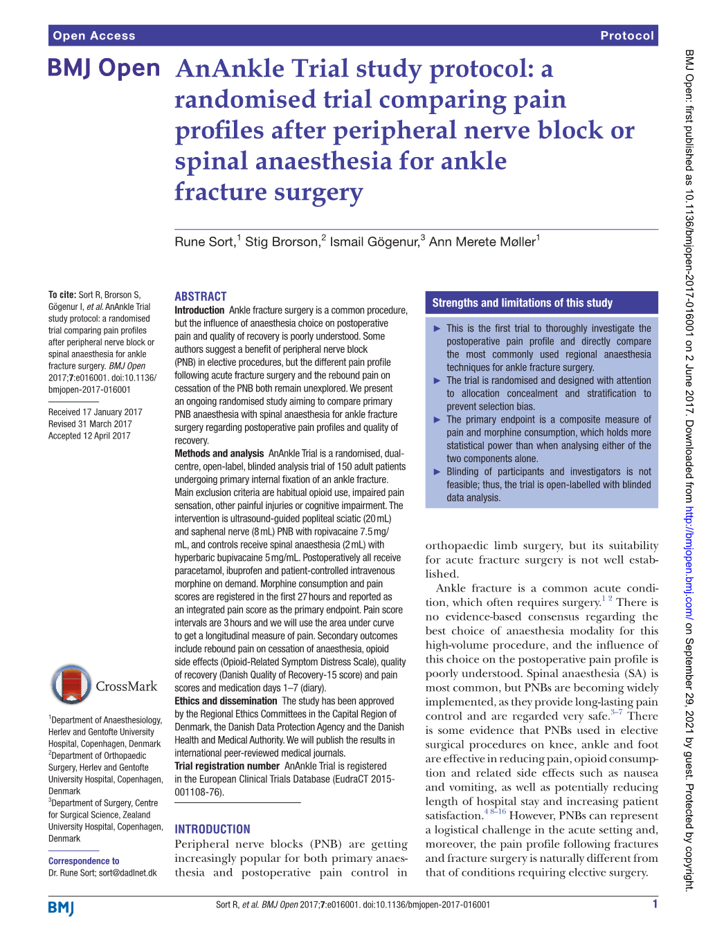 Anankle Trial Study Protocol: a Randomised Trial Comparing Pain Profiles After Peripheral Nerve Block Or Spinal Anaesthesia for Ankle Fracture Surgery