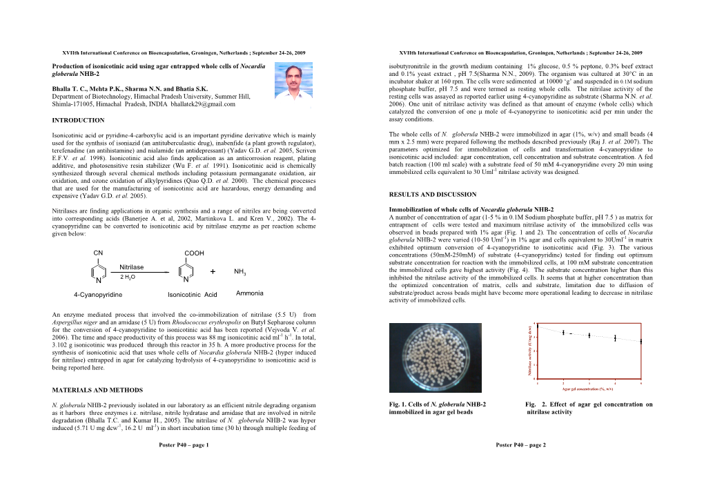 Production of Isonicotinic Acid Using Agar Entrapped Whole Cells of Nocardia Globerula NHB-2 Bhalla T. C., Mehta P.K., Sharma N