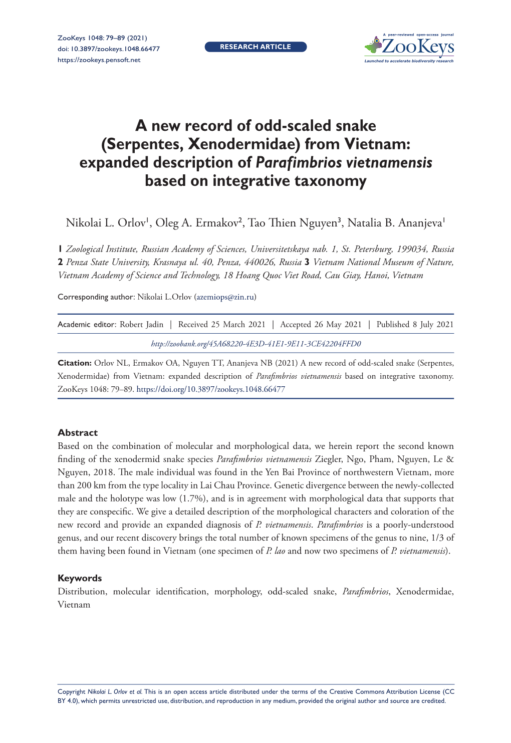 From Vietnam: Expanded Description of Parafimbrios Vietnamensis Based on Integrative Taxonomy