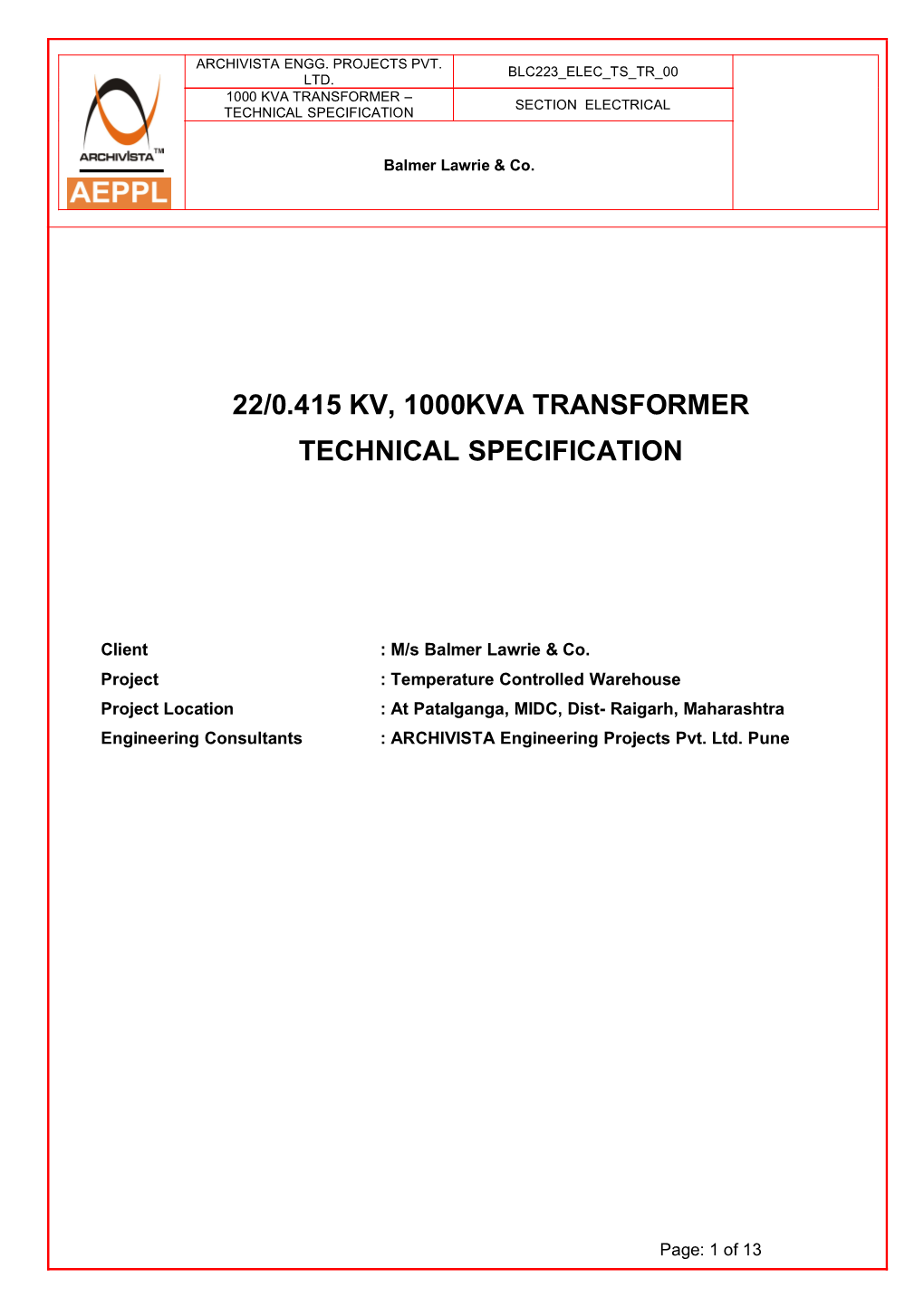 22/0.415 Kv, 1000Kva Transformer Technical Specification