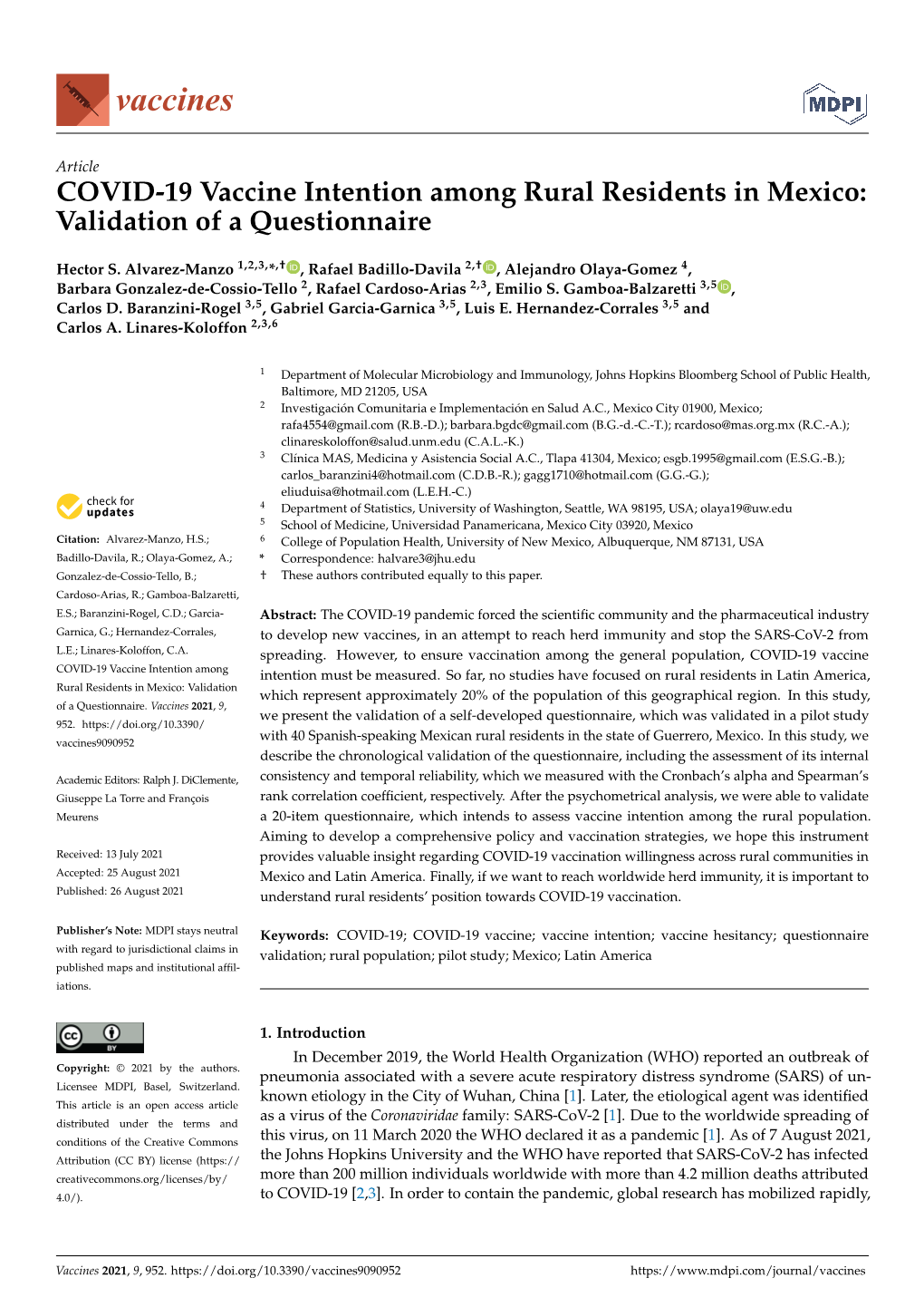 COVID-19 Vaccine Intention Among Rural Residents in Mexico: Validation of a Questionnaire