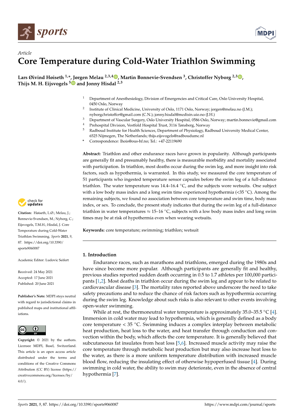 Core Temperature During Cold-Water Triathlon Swimming