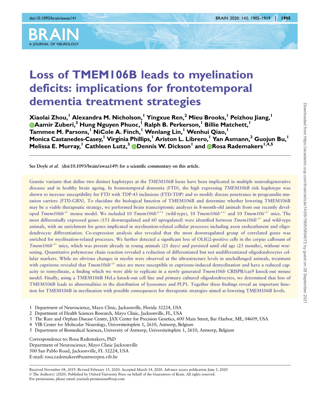Loss of TMEM106B Leads to Myelination Deficits: Implications for Frontotemporal Dementia Treatment Strategies