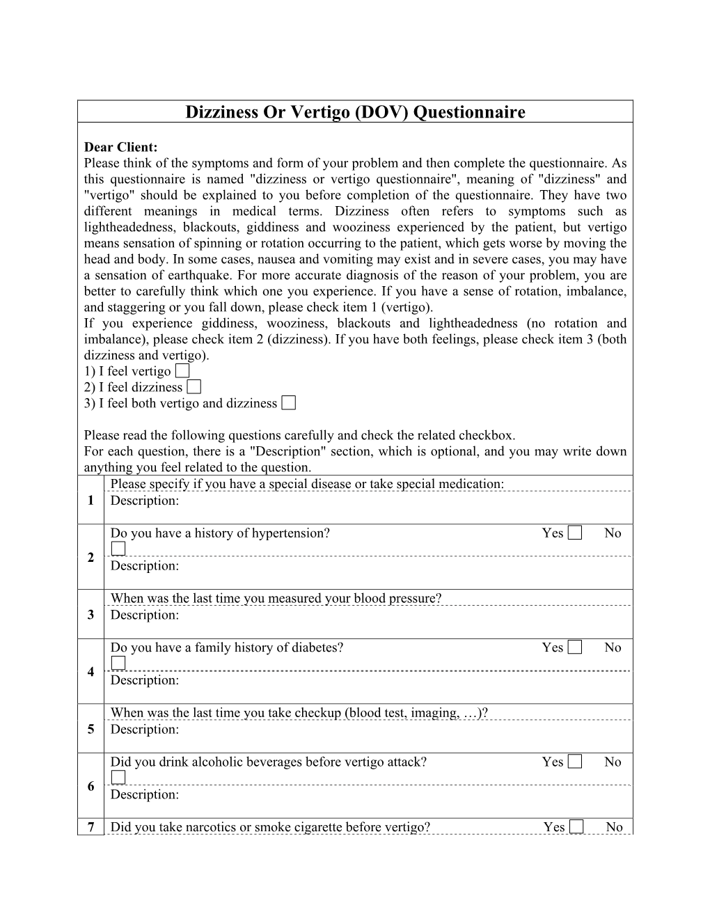 Dizziness Or Vertigo (DOV) Questionnaire