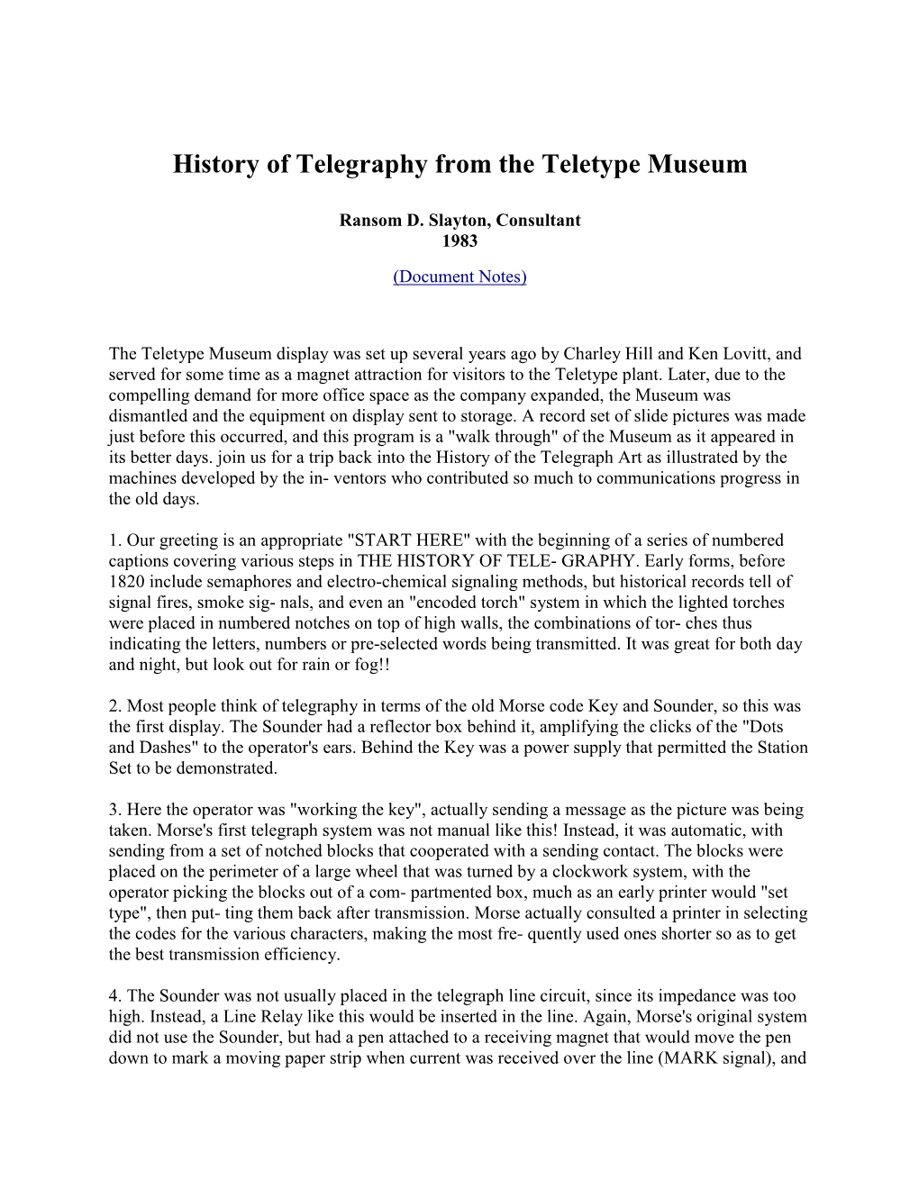 History of Telegraphy from the Teletype Museum