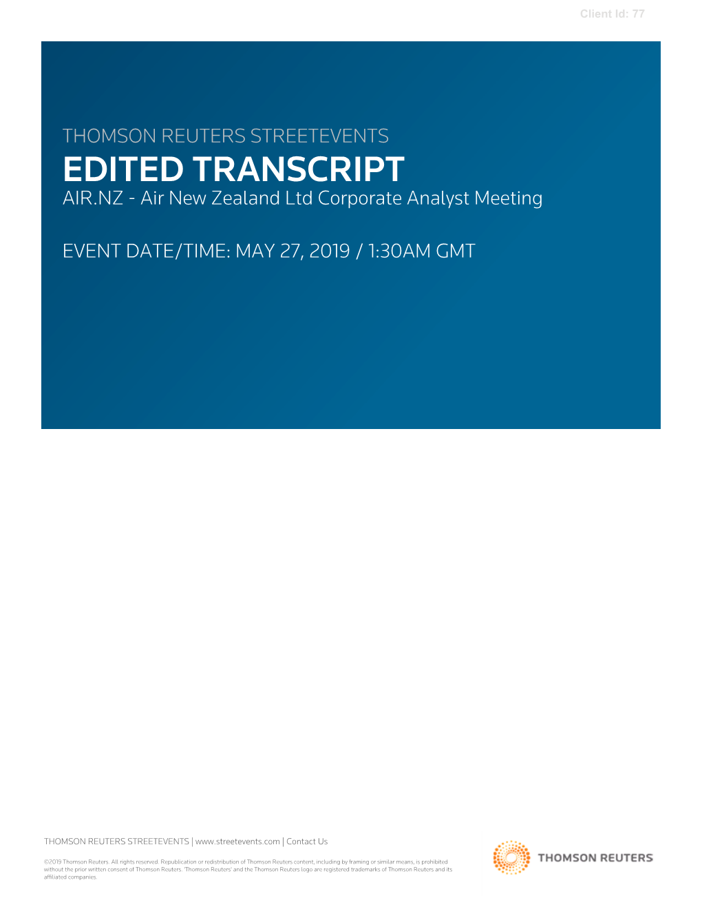 Air New Zealand Ltd Corporate Analyst Meeting on May 27, 2019