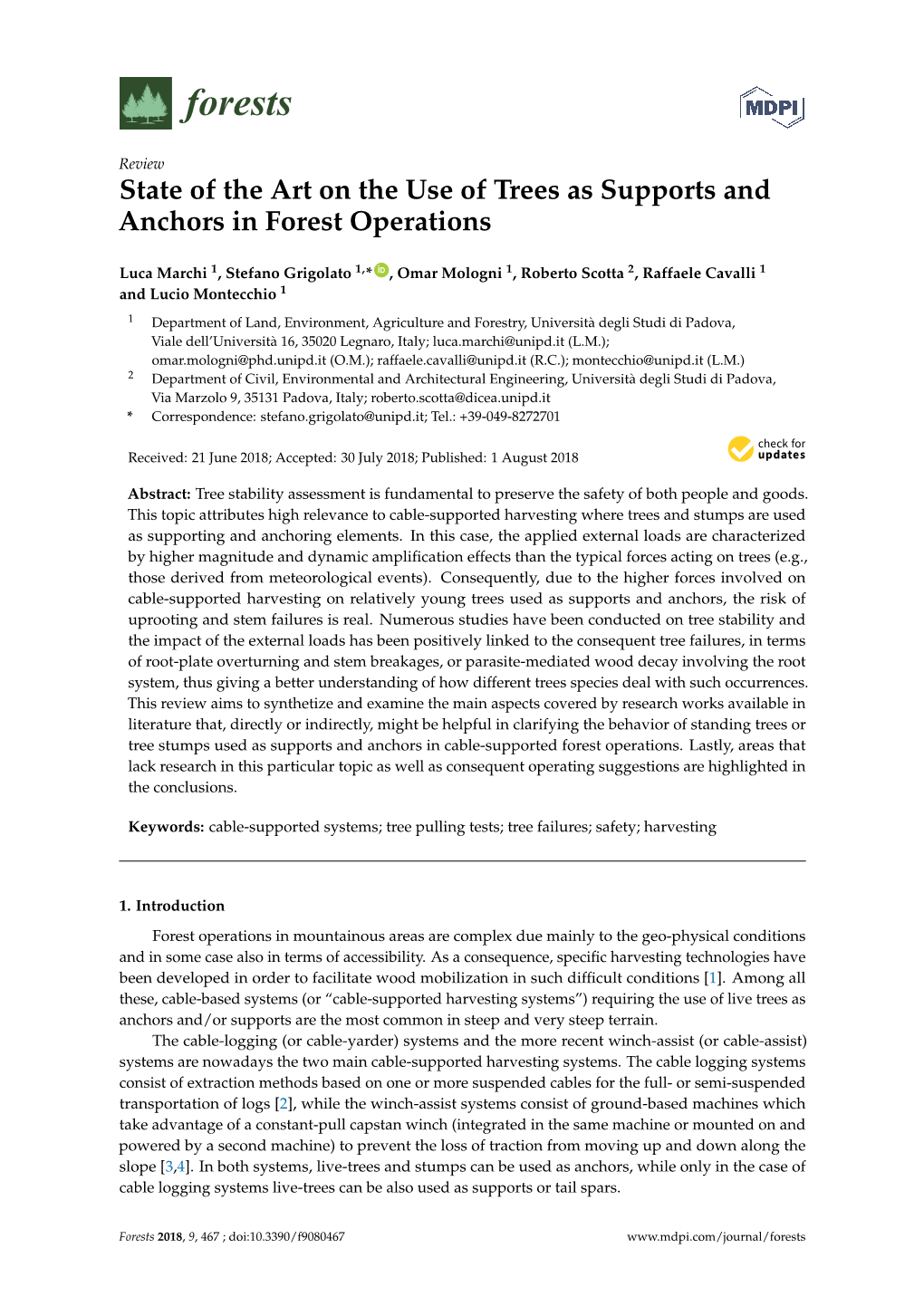 State of the Art on the Use of Trees As Supports and Anchors in Forest Operations