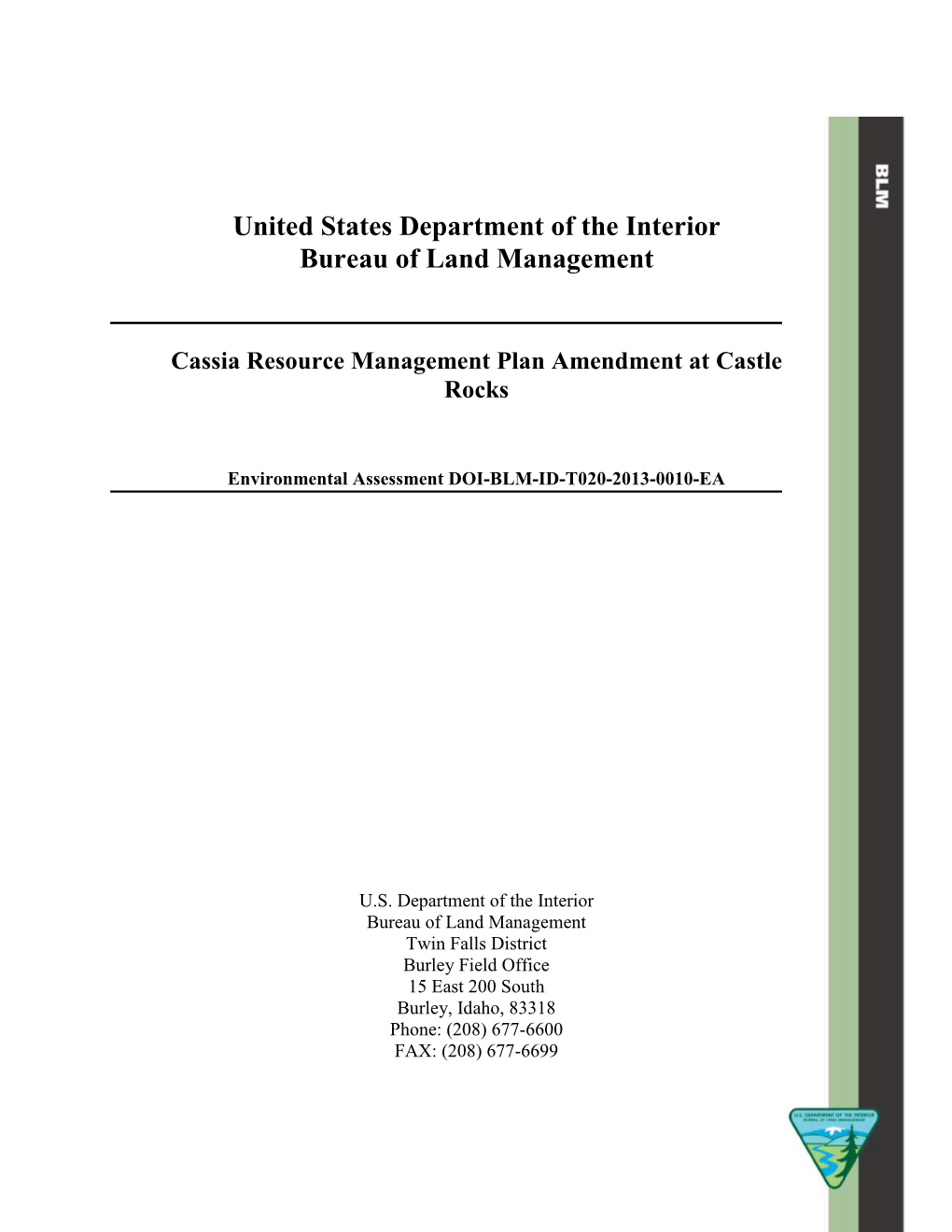 Cassia Resource Management Plan Amendment of Castle Rock EA