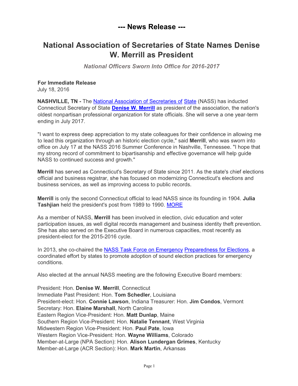 National Association of Secretaries of State Names Denise W