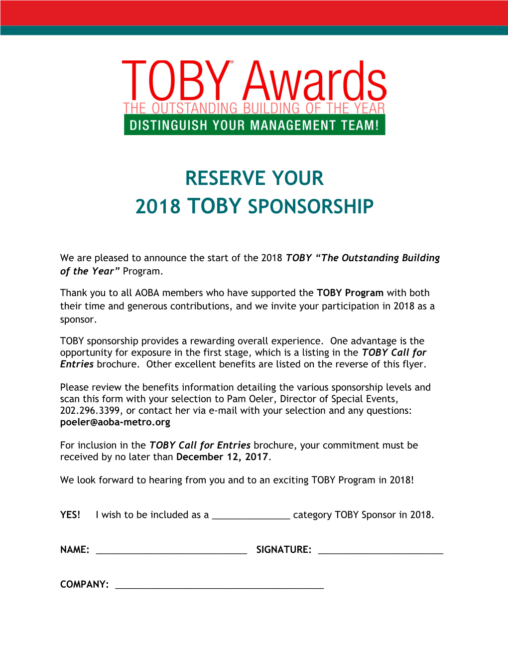 Reserve Your 2018 Toby Sponsorship