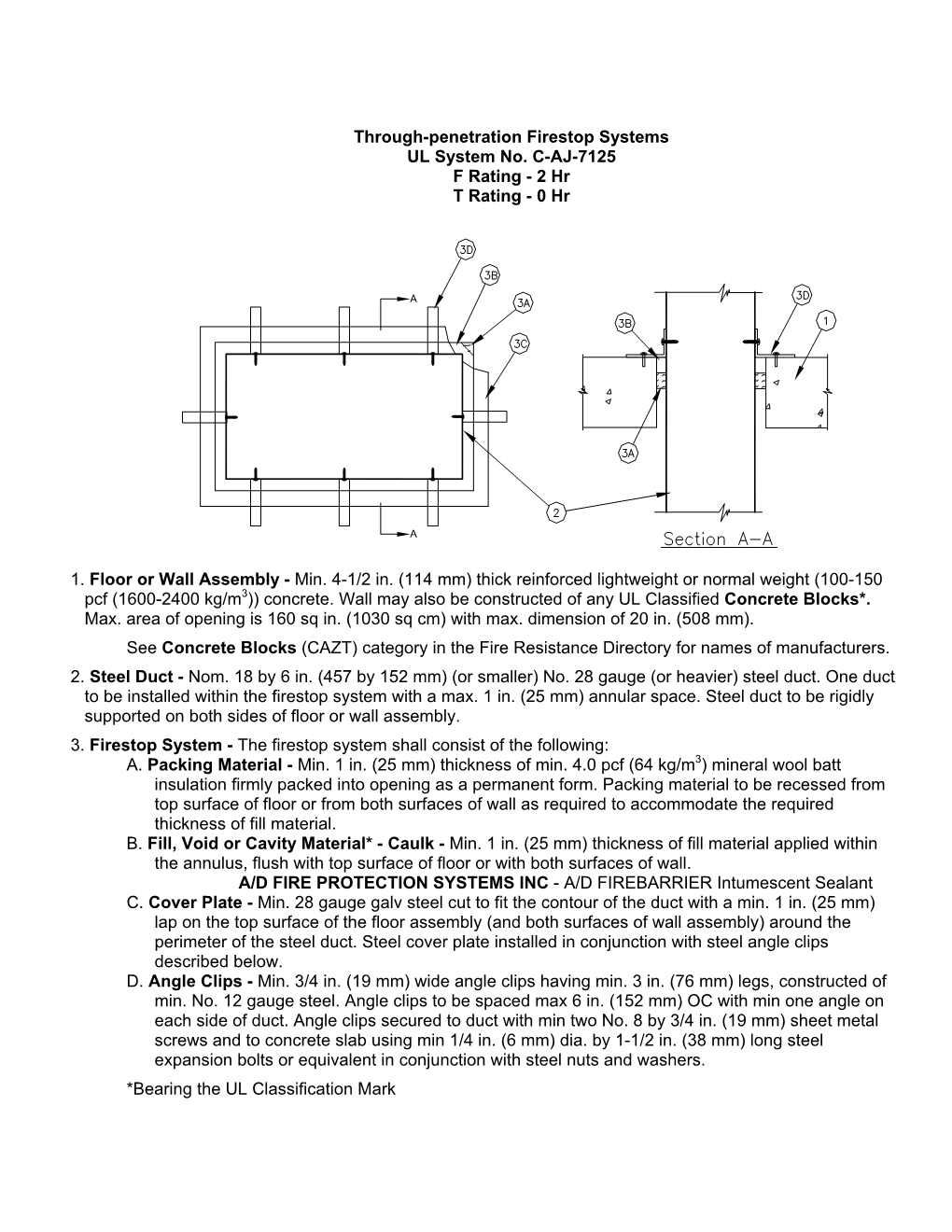 Through-Penetration Firestop Systems UL System No. C-AJ-7125 F Rating - 2 Hr T Rating - 0 Hr