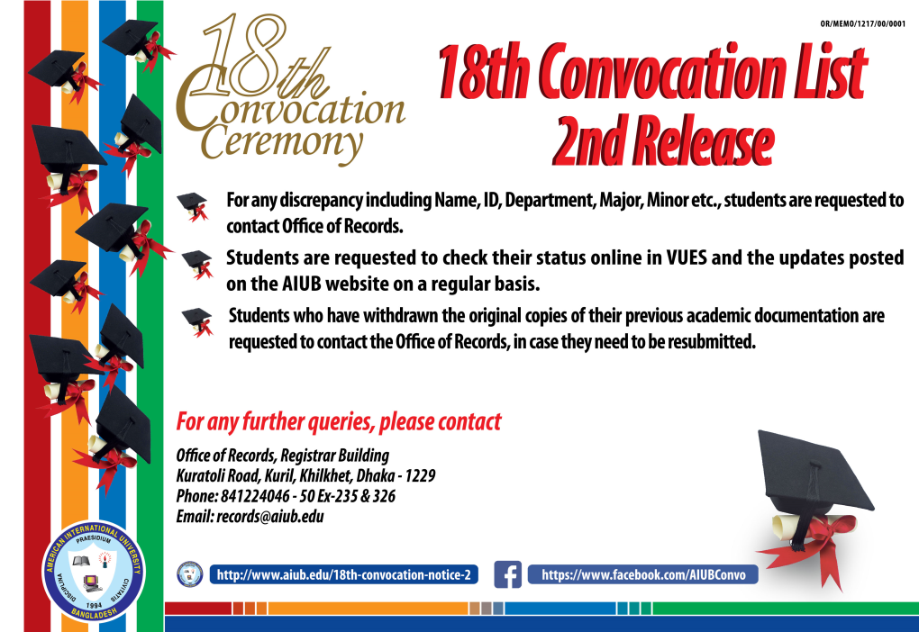 2Nd Release: 14 December 2017 [Page 1 of 127] Office of Records, AIUB 18 Convocation | Graduate Status