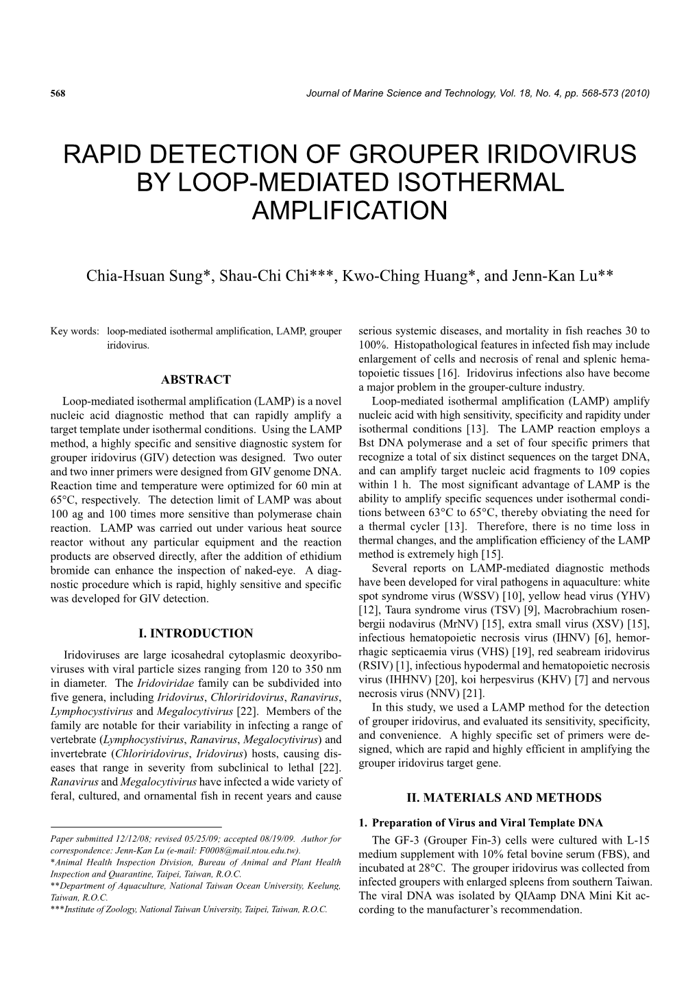 Rapid Detection of Grouper Iridovirus by Loop-Mediated Isothermal Amplification