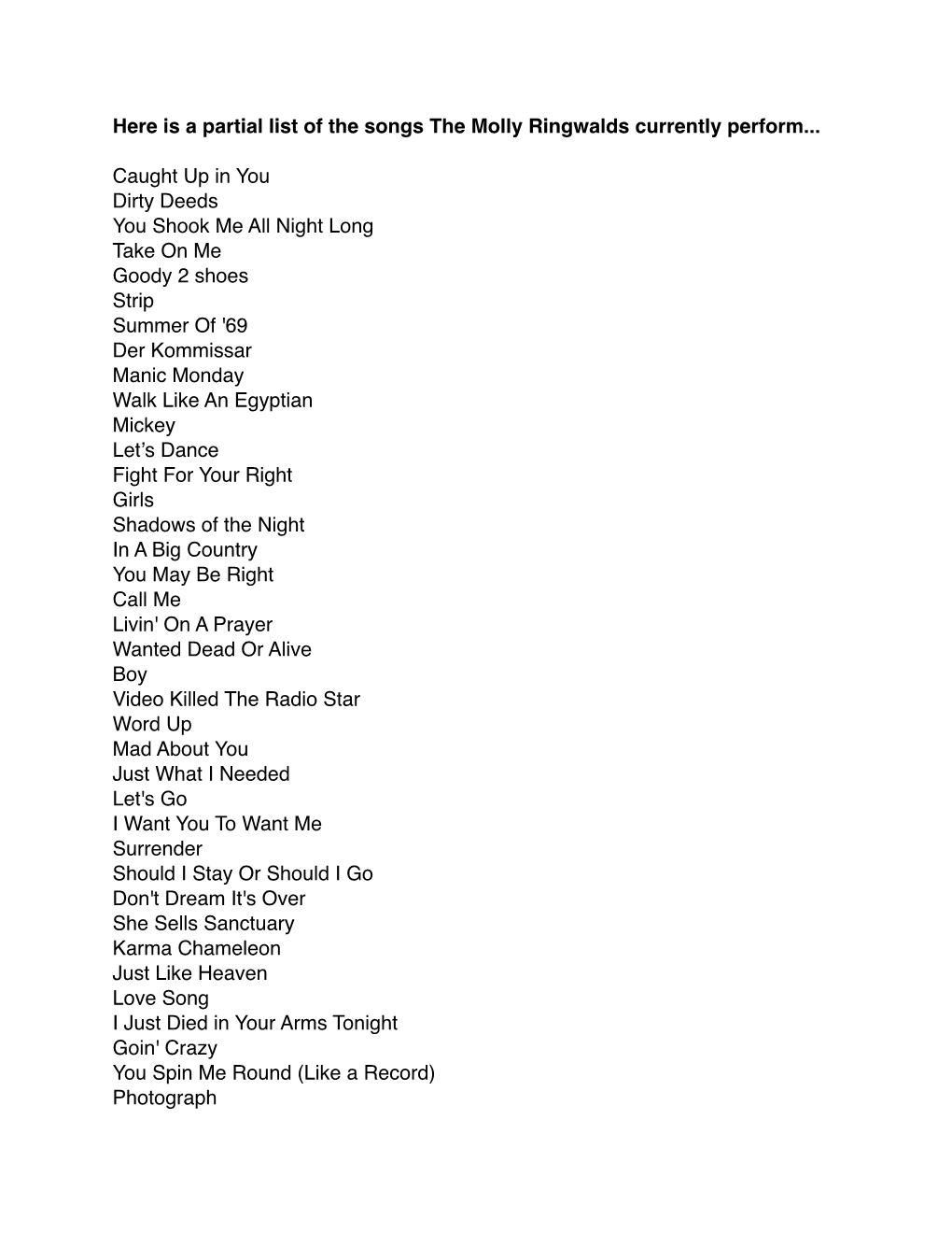 Molly Ringwalds Song List